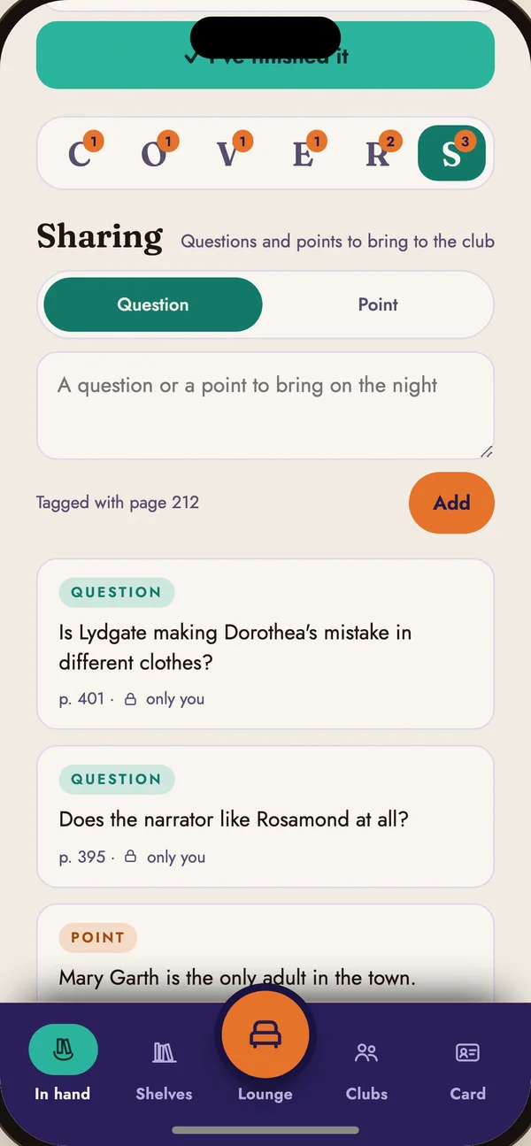 Notes on Middlemarch in the Sharing room: questions and points, each tagged with a page