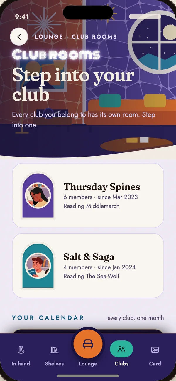 Club rooms: Thursday Spines and Salt & Saga, with members and the book each is reading