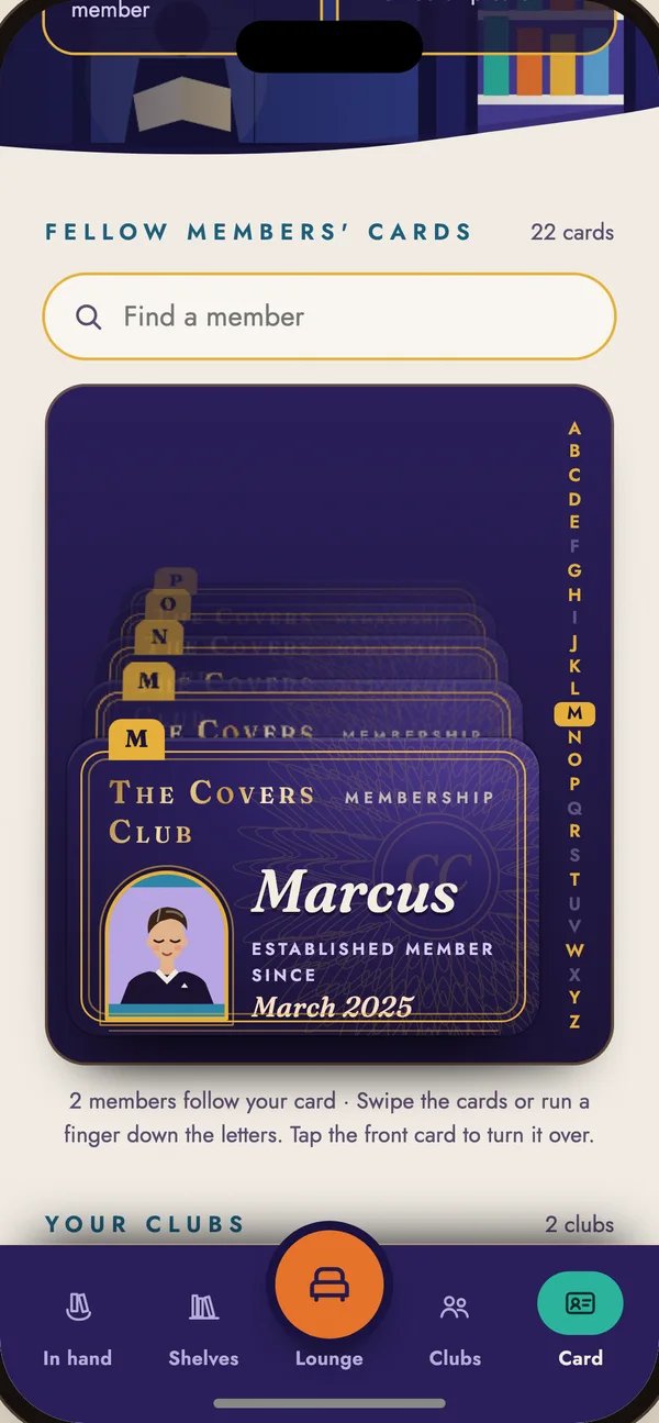 A rolodex of fellow members' membership cards with an A to Z letter rail